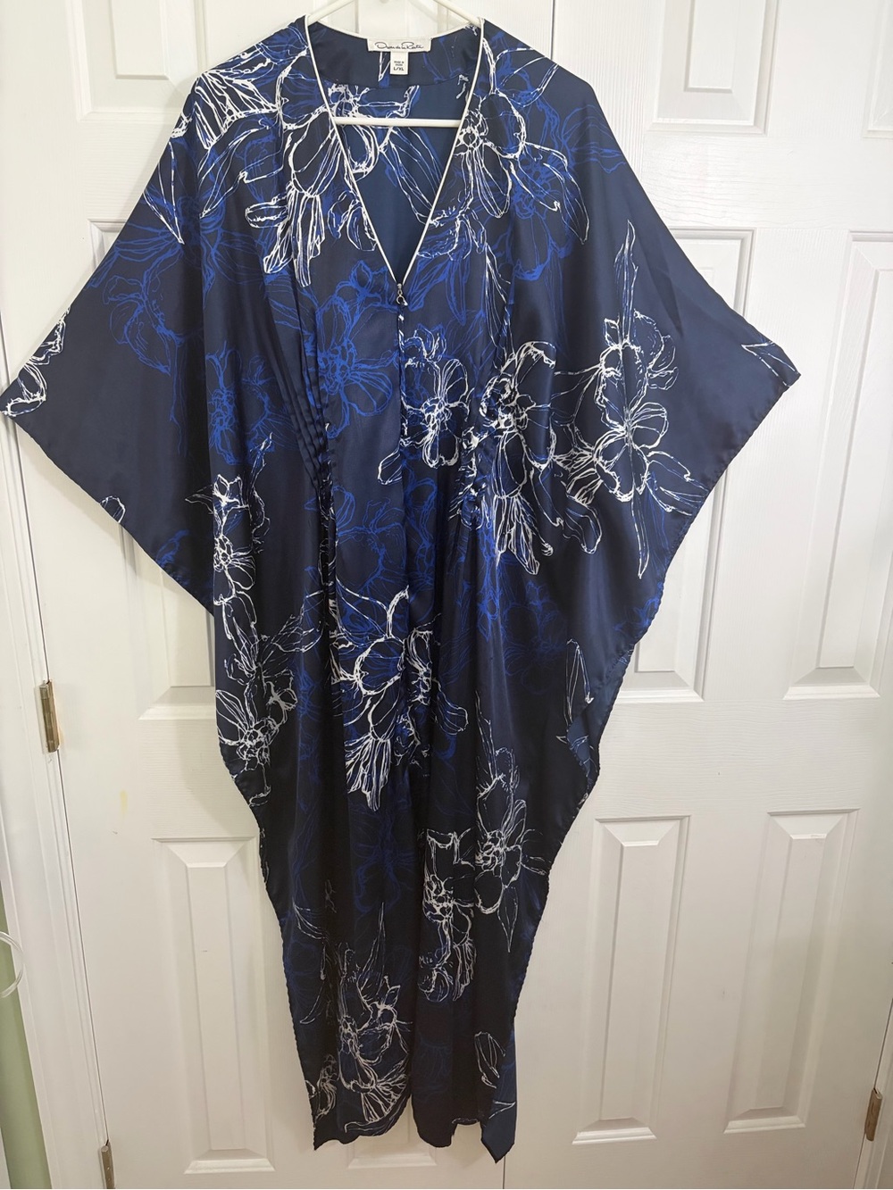 Oscar De La Renta Blue Floral V-Neck Dressing Gown Caftan Kimono Robe Size L/XL